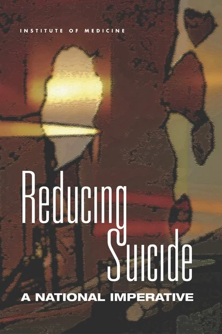 Abstract book cover design with text 'Reducing Suicide: A National Imperative' by the Institute of Medicine.