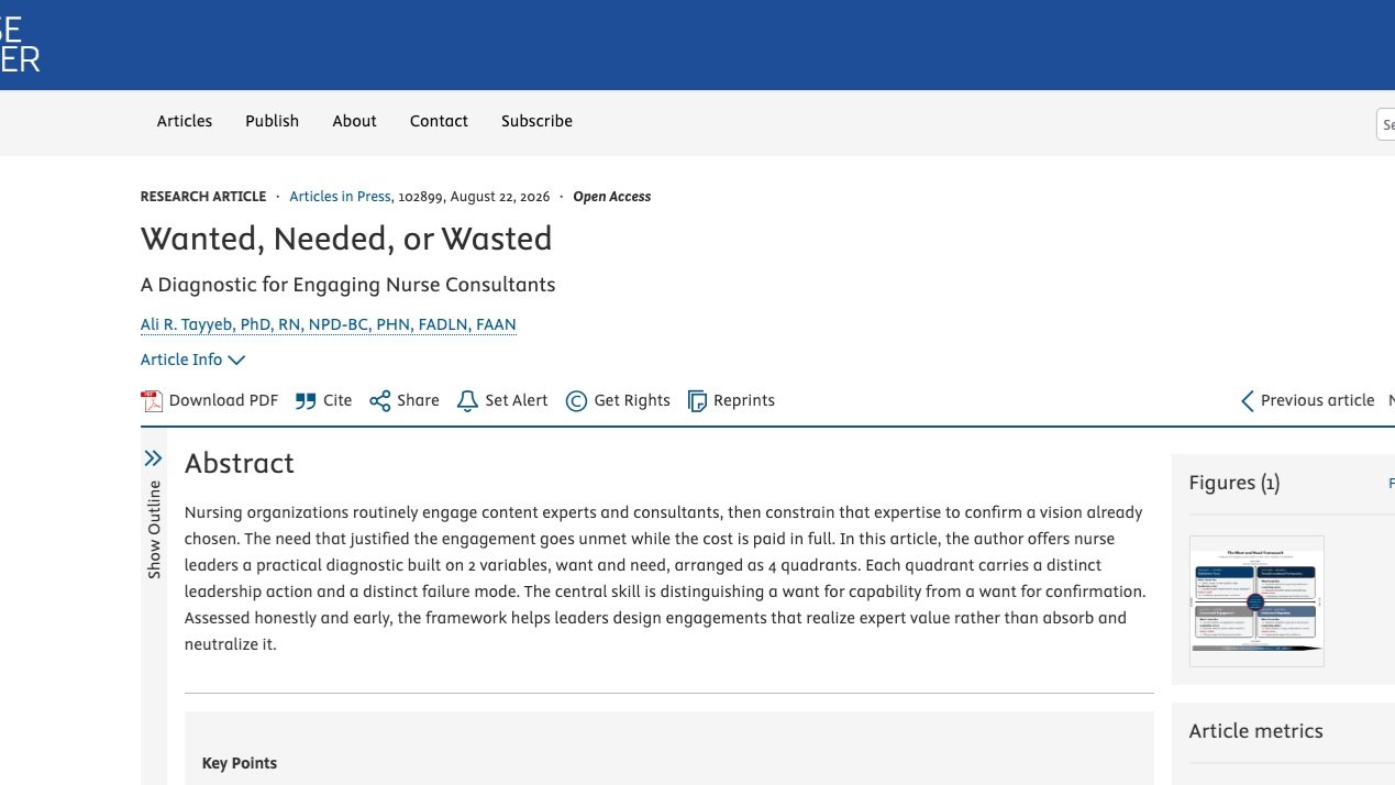 New journal publication!

My article, "Wanted, Needed, or Wasted: A Diagnostic for Engaging Nurse Consultants," is now published in Nurse Leader, the official journal of the American Organization for Nursing Leadership (AONL) @aonlnurselead