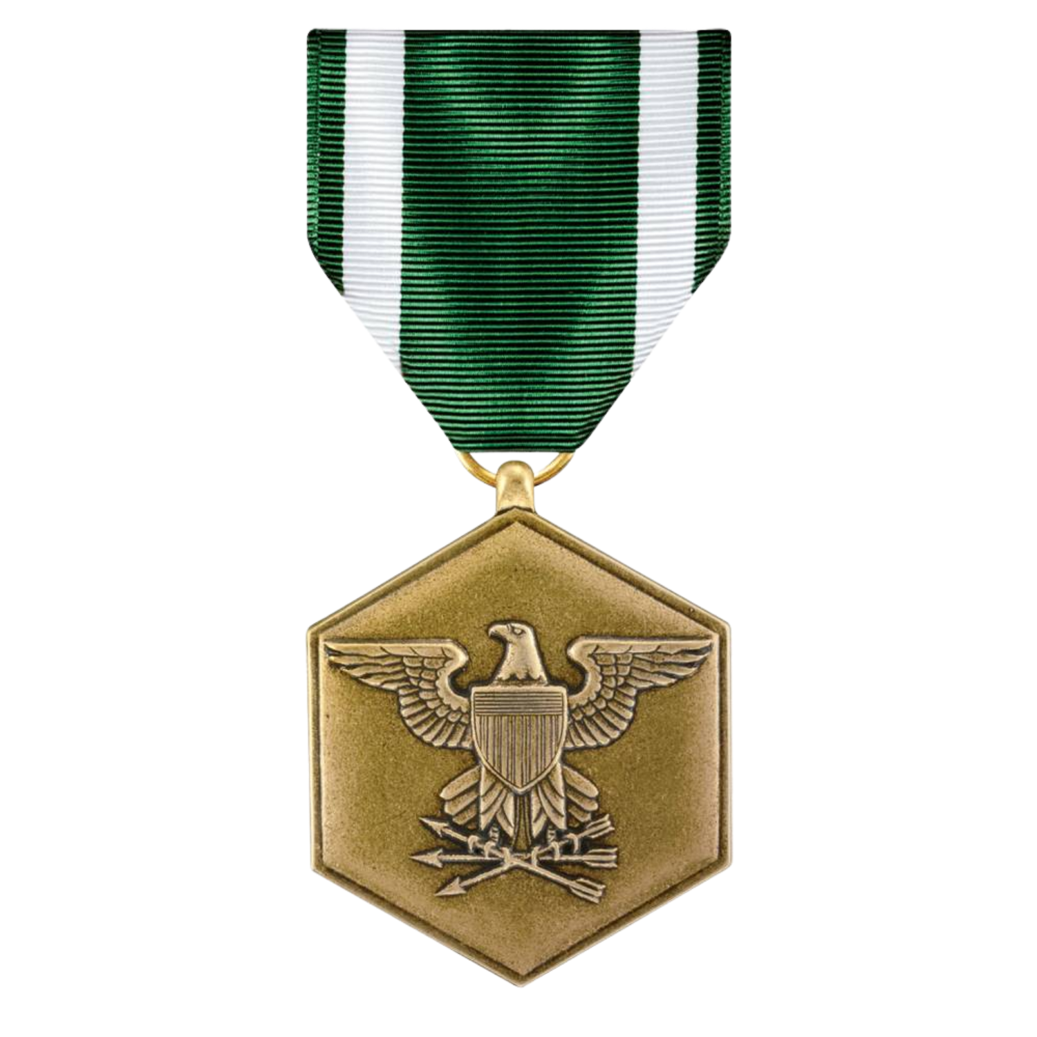 Navy and Marine Corps Commendation Service Medal with a green and white striped ribbon, featuring a gold eagle clutching arrows and an olive branch in front of a shield.