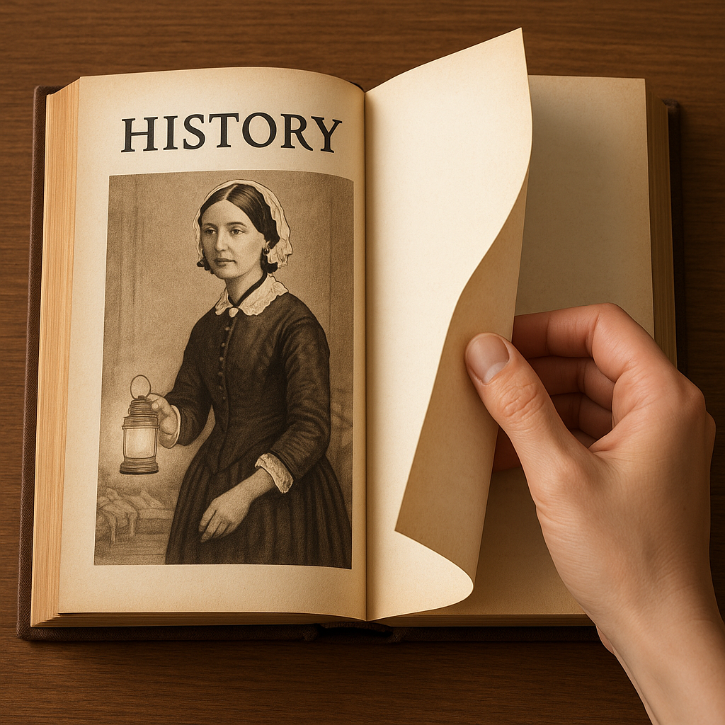 A hand turning a page on a chapter with Florence Nightingales portrait