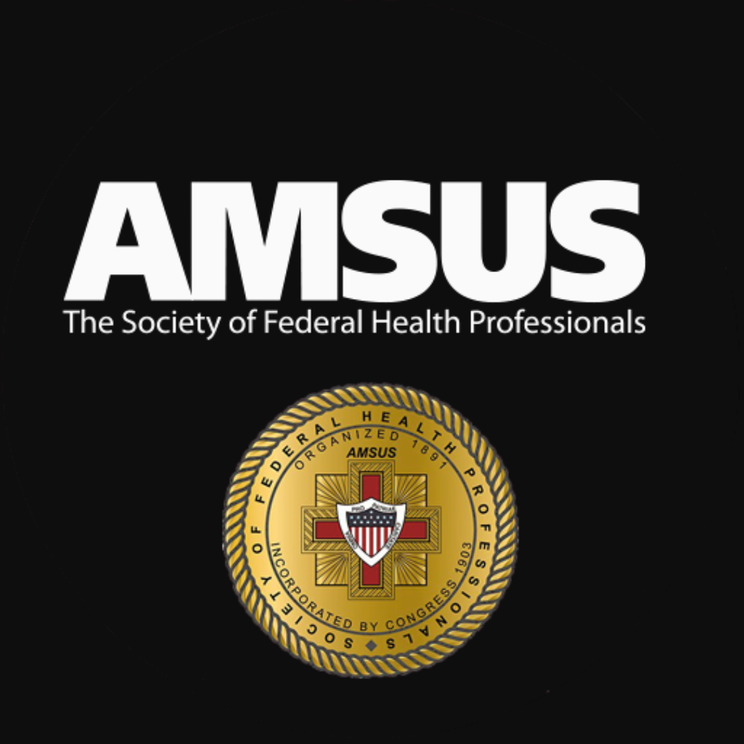 Logo of AMSUS, The Society of Federal Health Professionals, with a gold badge featuring a red cross and shield, on a black background.
