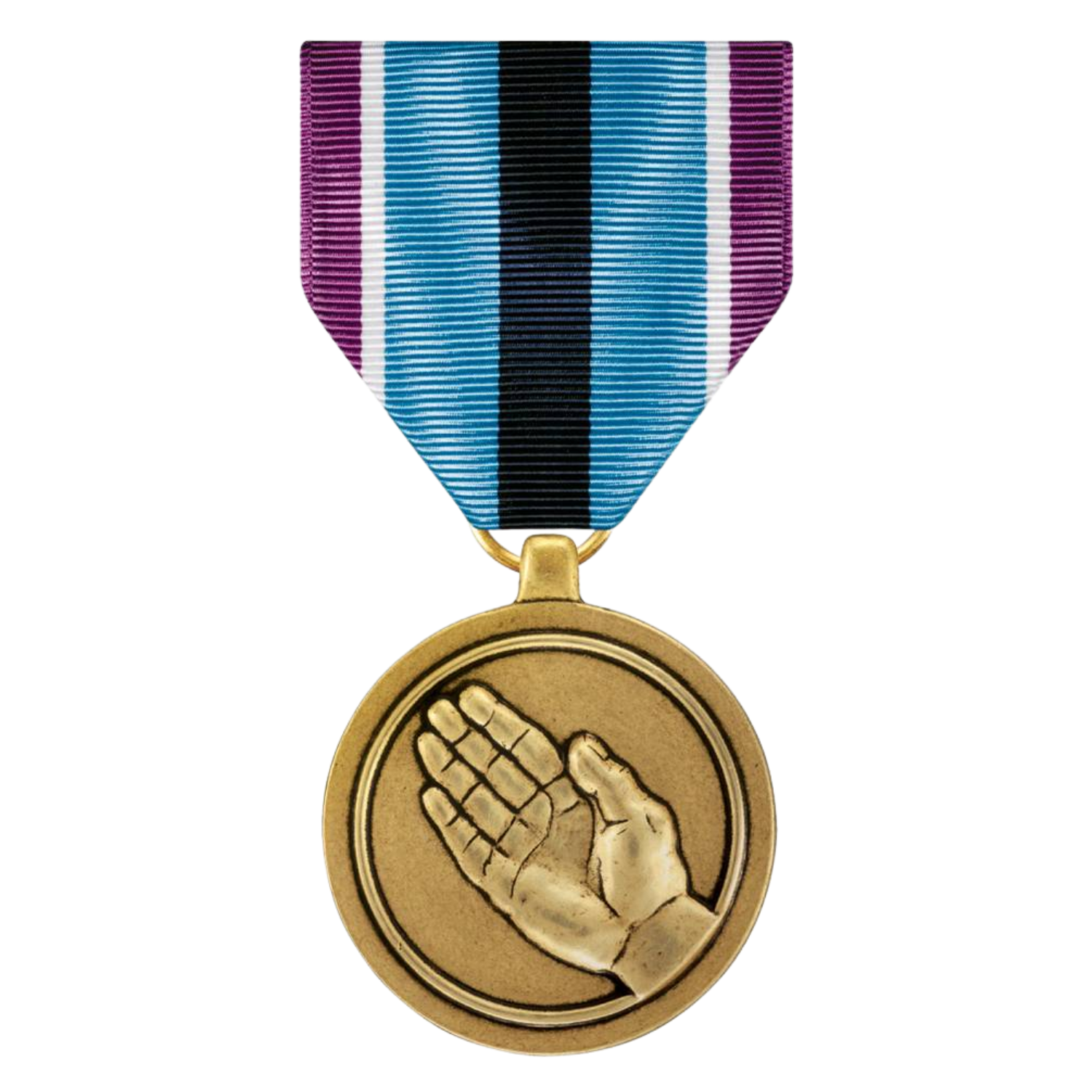 Humanitarian Service Medal with a blue, purple, white, and black striped ribbon and a circular gold pendant featuring a palm of a hand.