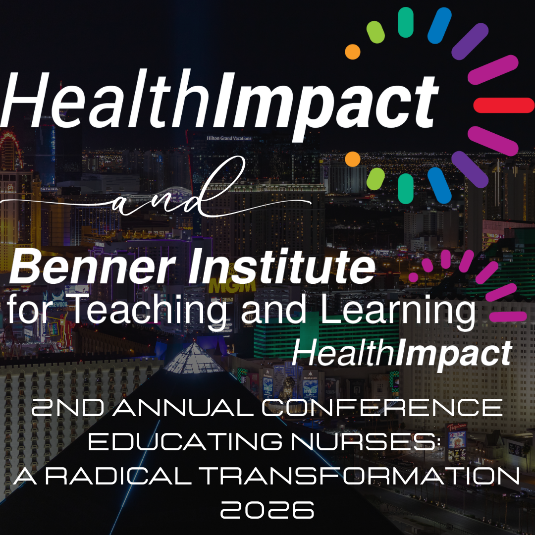 Poster for the HealthImpact and Benner Institute 2nd Annual Conference on Teaching and Learning in 2026, with a night cityscape background, colorful circular design, and text about the event.