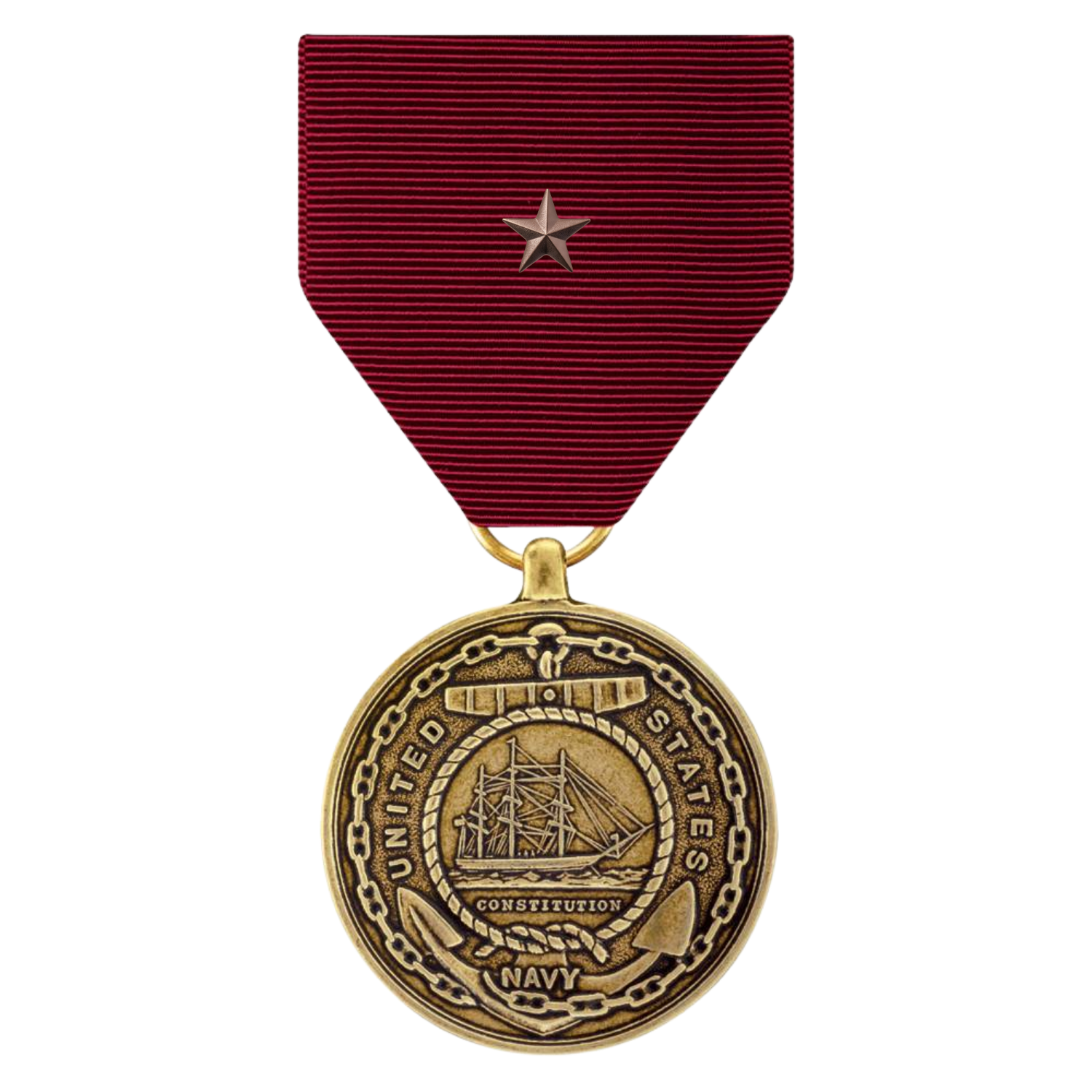 A U.S. Navy Good Conduct medal with a bronze shell on a red ribbon, featuring a star at the top.