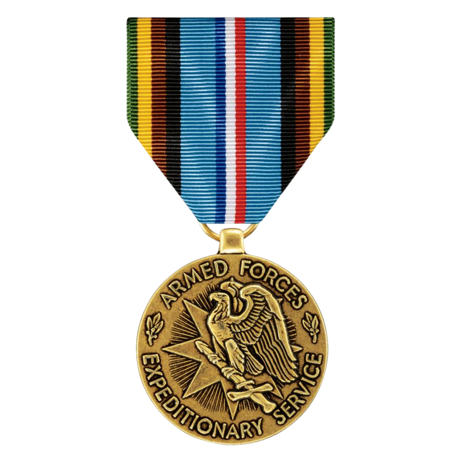 Medal with a ribbon featuring blue, red, black, yellow, green, and white stripes, attached to a circular bronze medal inscribed with "ARMED FORCES EXPEDITIONARY SERVICE" and depicting an eagle clutching a sword and olive branch.