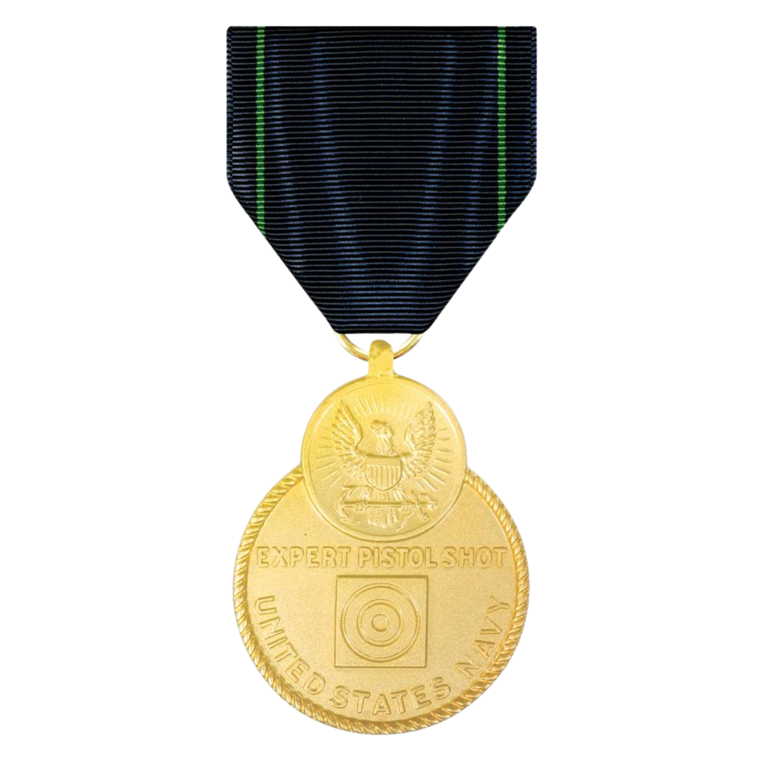 Gold medal with an eagle emblem at the top, inscribed with "Expert Pistol Shot" and a target graphic, awarded by the United States Navy, attached to a black ribbon with green stripes.