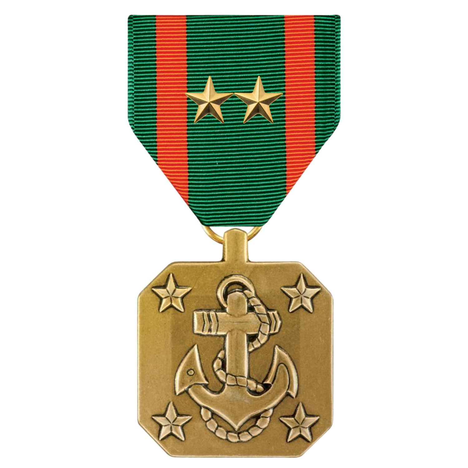 Navy Achievement medal with a green ribbon featuring orange stripes and two gold stars, attached to a gold-colored medal with an anchor and five stars.
