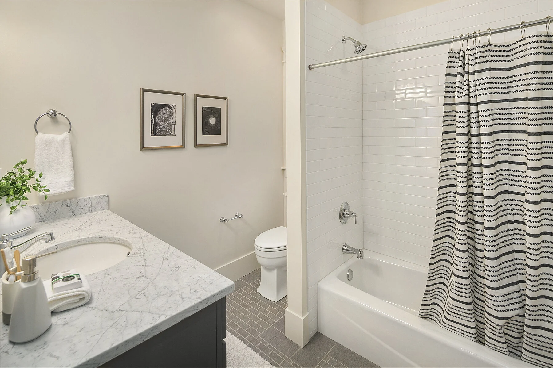 Bathroom with a white marble countertop sink, a small plant, framed artwork, a white toilet, and a bathtub with a striped shower curtain.