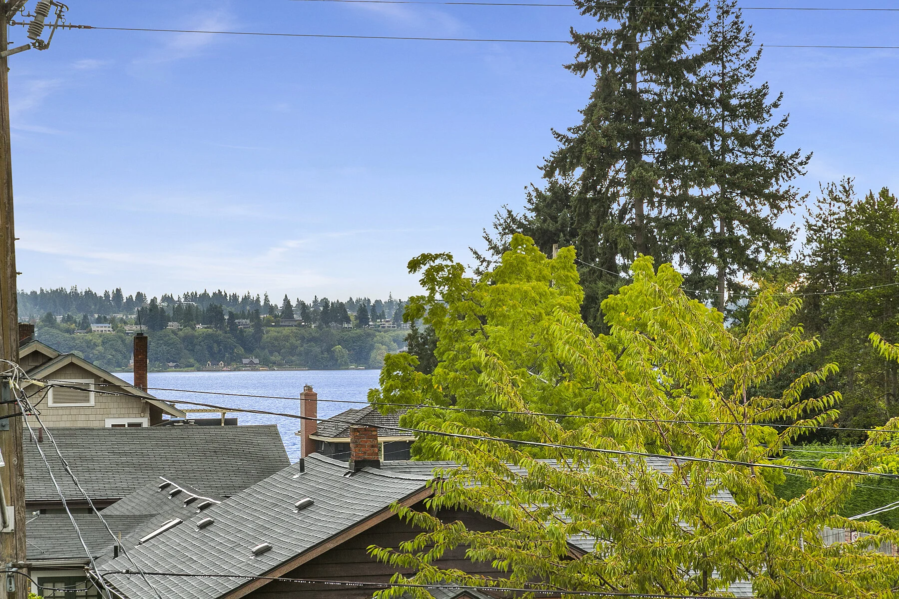 View of rooftops, trees, and a body of water in the background under a blue sky.