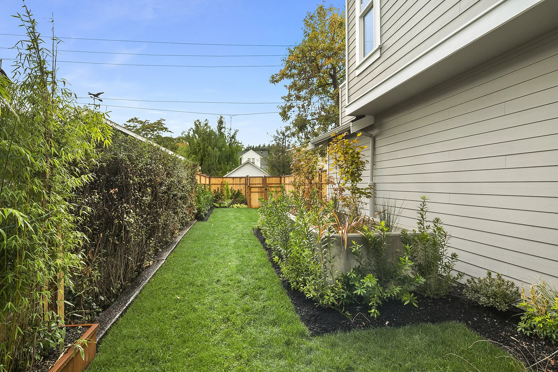 A narrow backyard with green grass, a wooden fence at the end, and a beige house with white trim on the right. There are plants and shrubs along the house and a hedge on the left side. The sky is blue with some clouds.