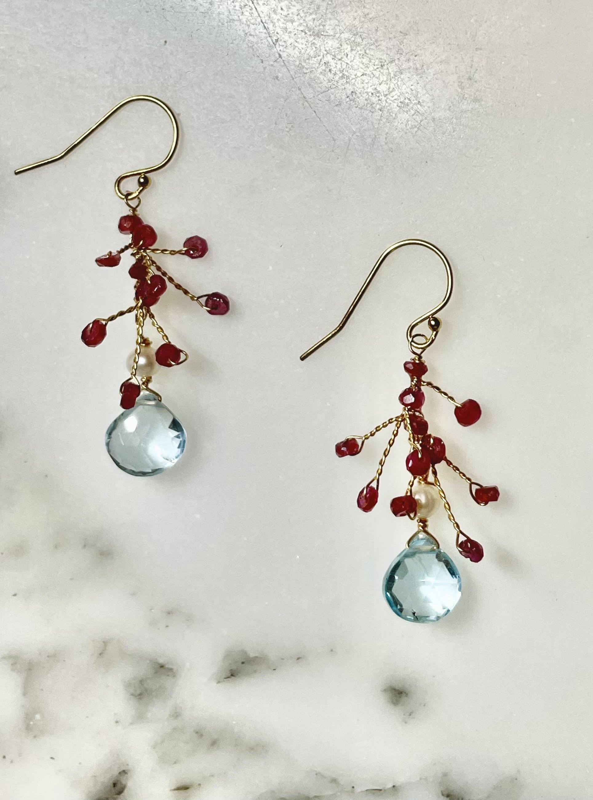 BLUE TOPAZ, RUBY, PEARL EARRING