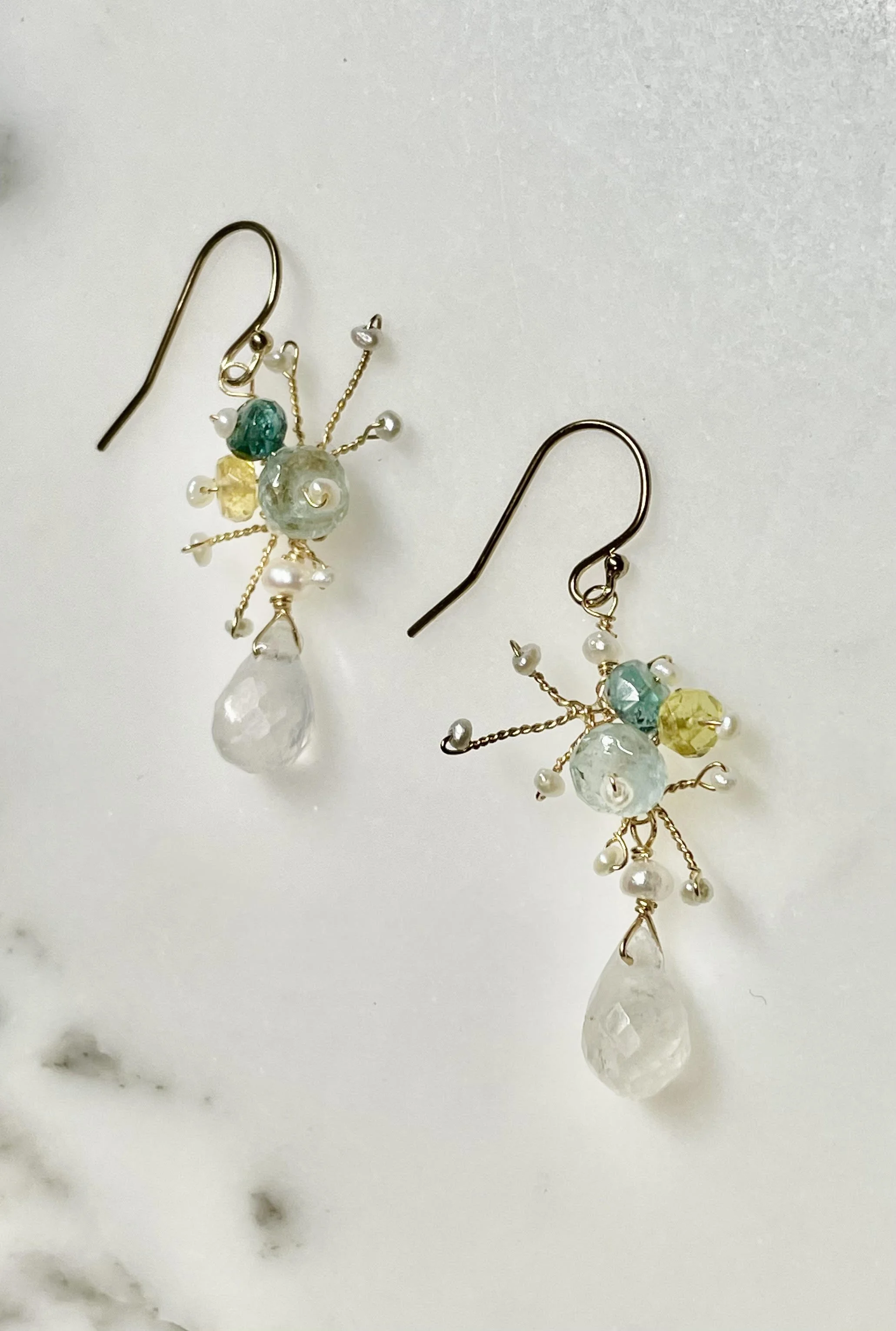 TOURMALINE, AQUAMARINE, PEARL EARRING