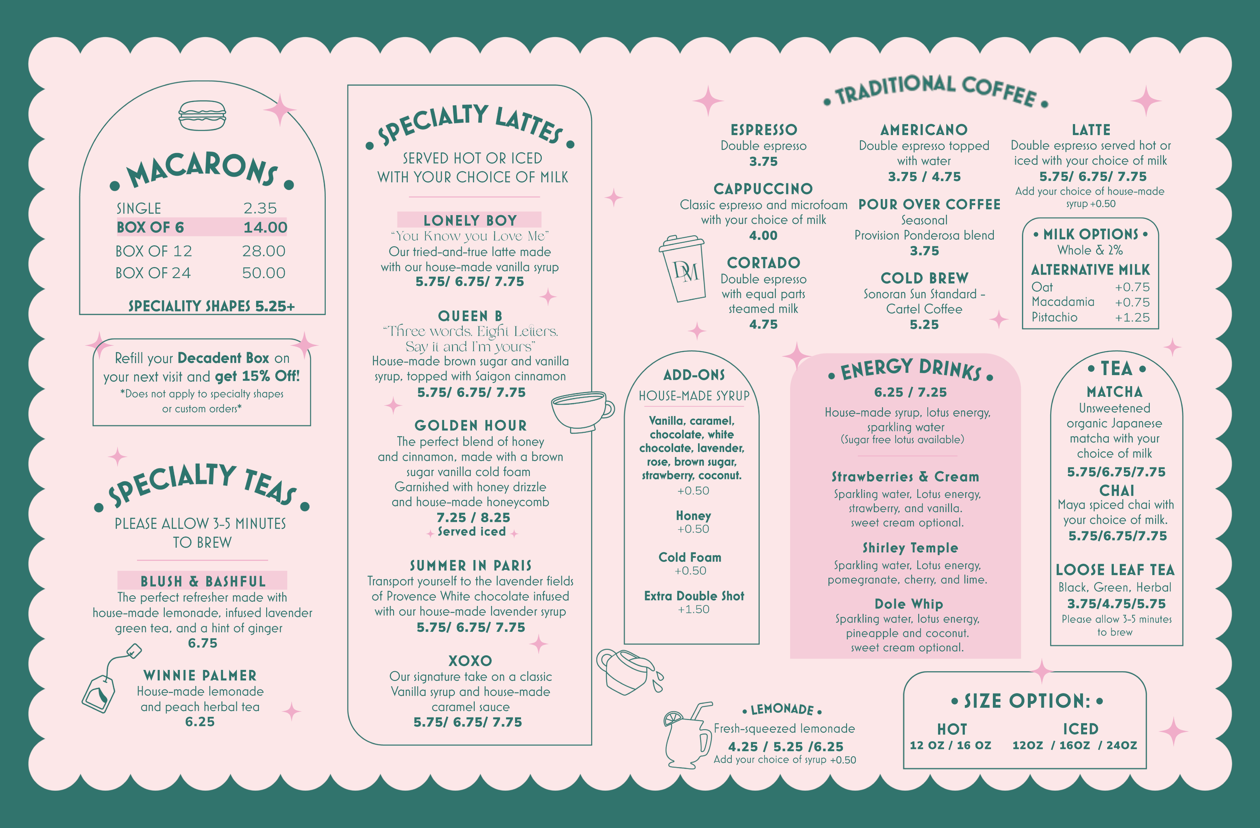 Decadent Macaron menu featuring our coffee drinks, teas, specialty lattes, energy drinks, lemonades, and macarons, with prices and options listed — Decadent Macaron café in Gilbert, Arizona dessert shop and specialty café
