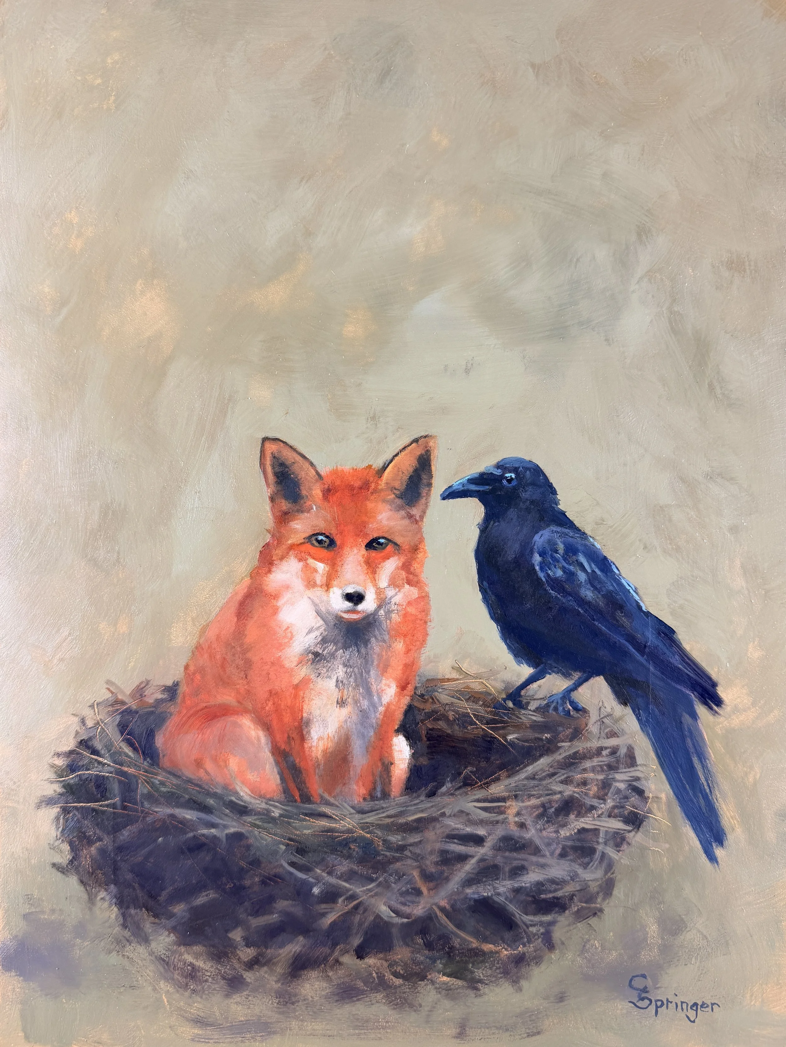  Awakening: Fox. Raven. Nest 
$650 
12 x 16 inches 
Oil on Ampersand Gessobord