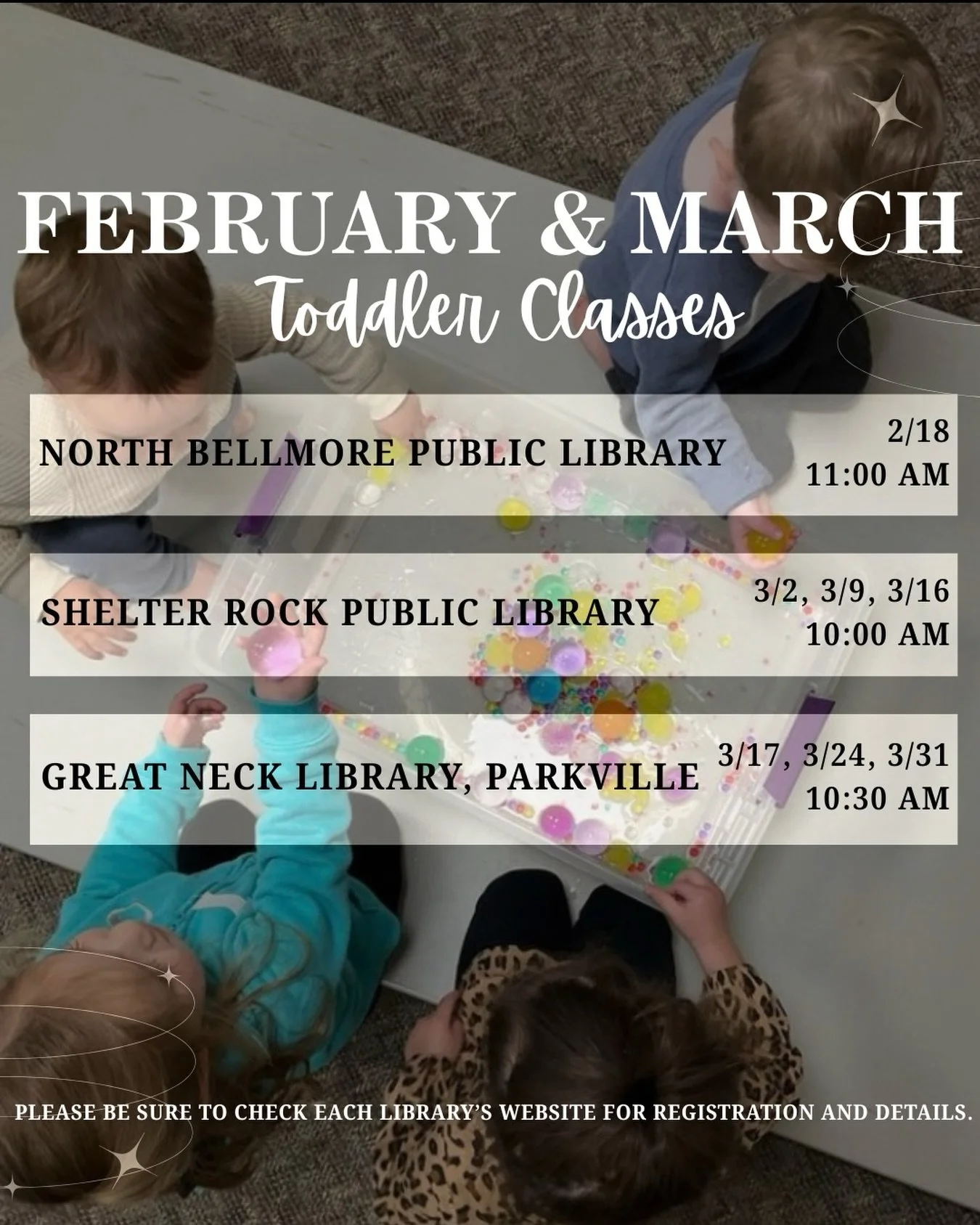 Save the Dates 🗓️ 
Join us for on-the-floor play with your little one!

Exploratory and guided skill-building 🧠💪play for children 18-36 months. Come for the experience, leave with reproducible ideas to use in the home 🙌

Be sure to visit the libr