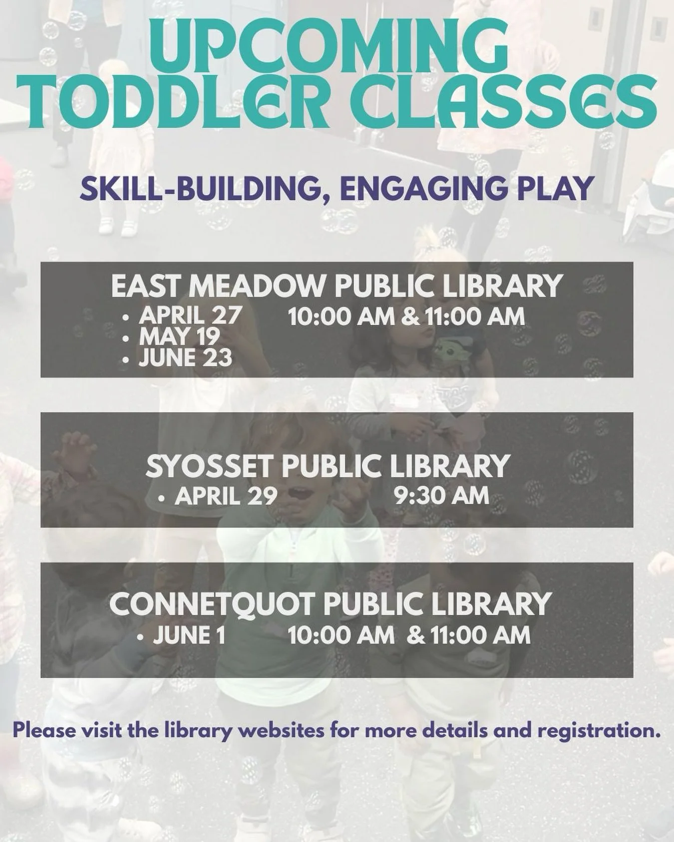 SAVE THE DATE 📆 

Join us for on-the-floor play with your little one!

Exploratory and guided skill-building 🧠💪play for children 18-36 months. Come for the experience, leave with reproducible ideas to use in the home 🙌

Be sure to visit the libra