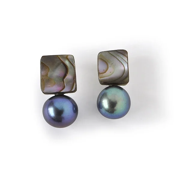 E542 Petite Pearl Stud Earrings with Red Abalone and Black Freshwater Pearl