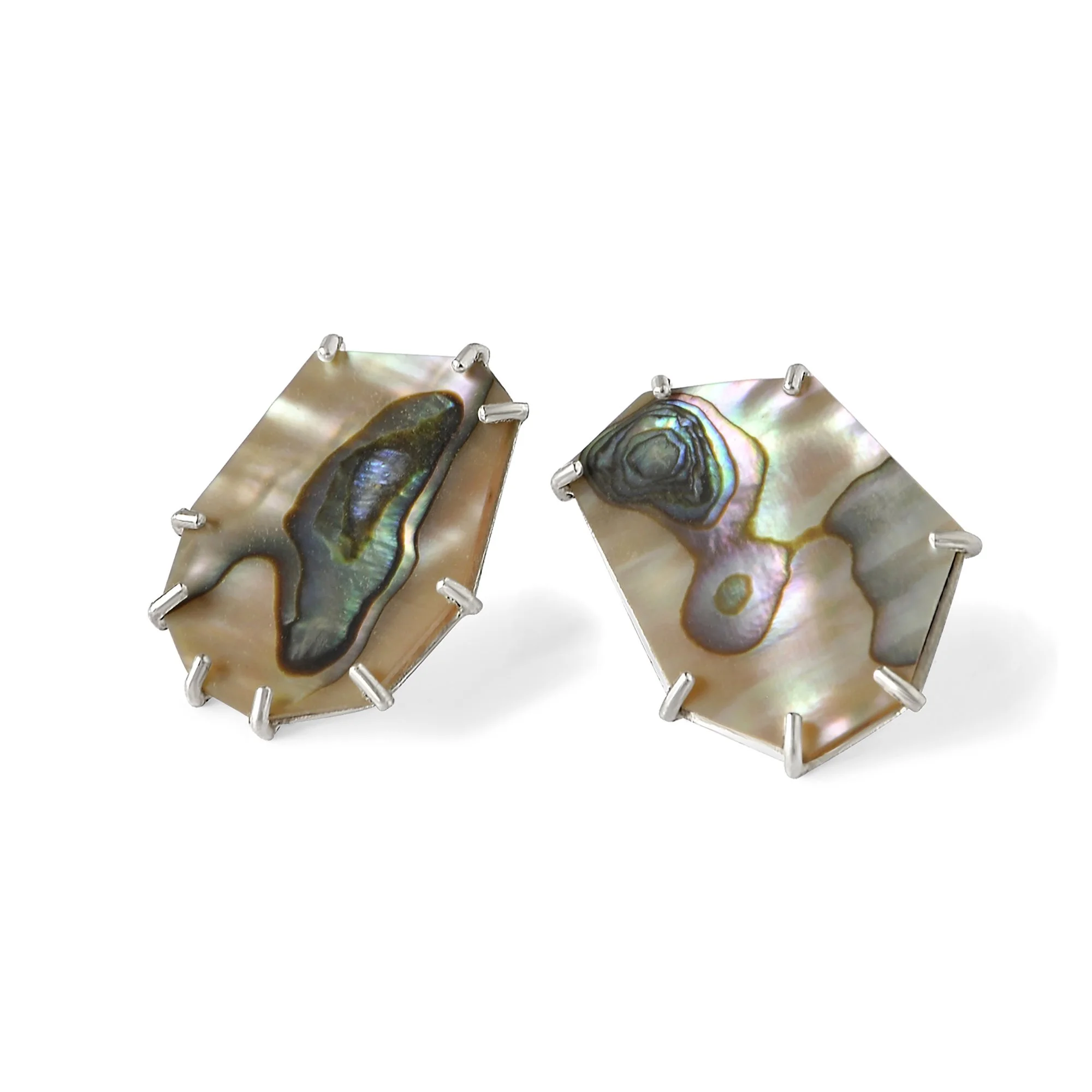 green abalone post earrings with unique patterns of green, pink, gold, cream and blue