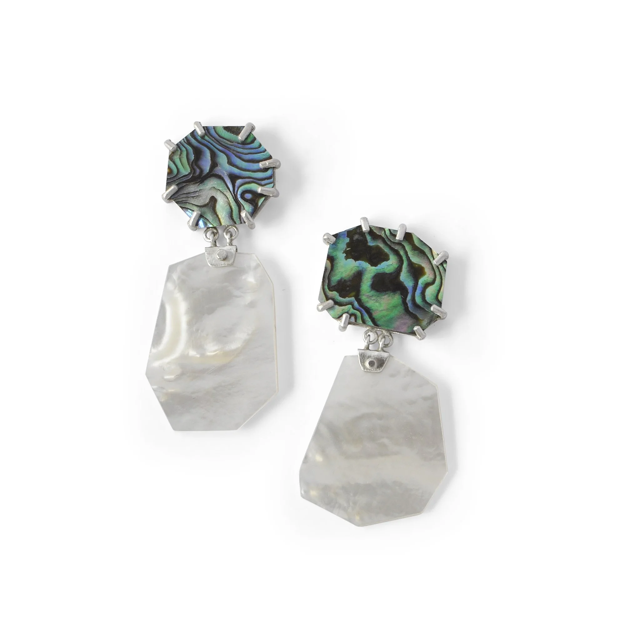 green bluw and purple swirl abalone posts with white lustre mother of pearl drops on earrings