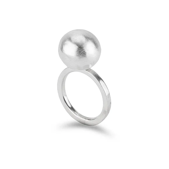 single sterling silver ring with solid sterling silver band and round ball on top all in shiny silver