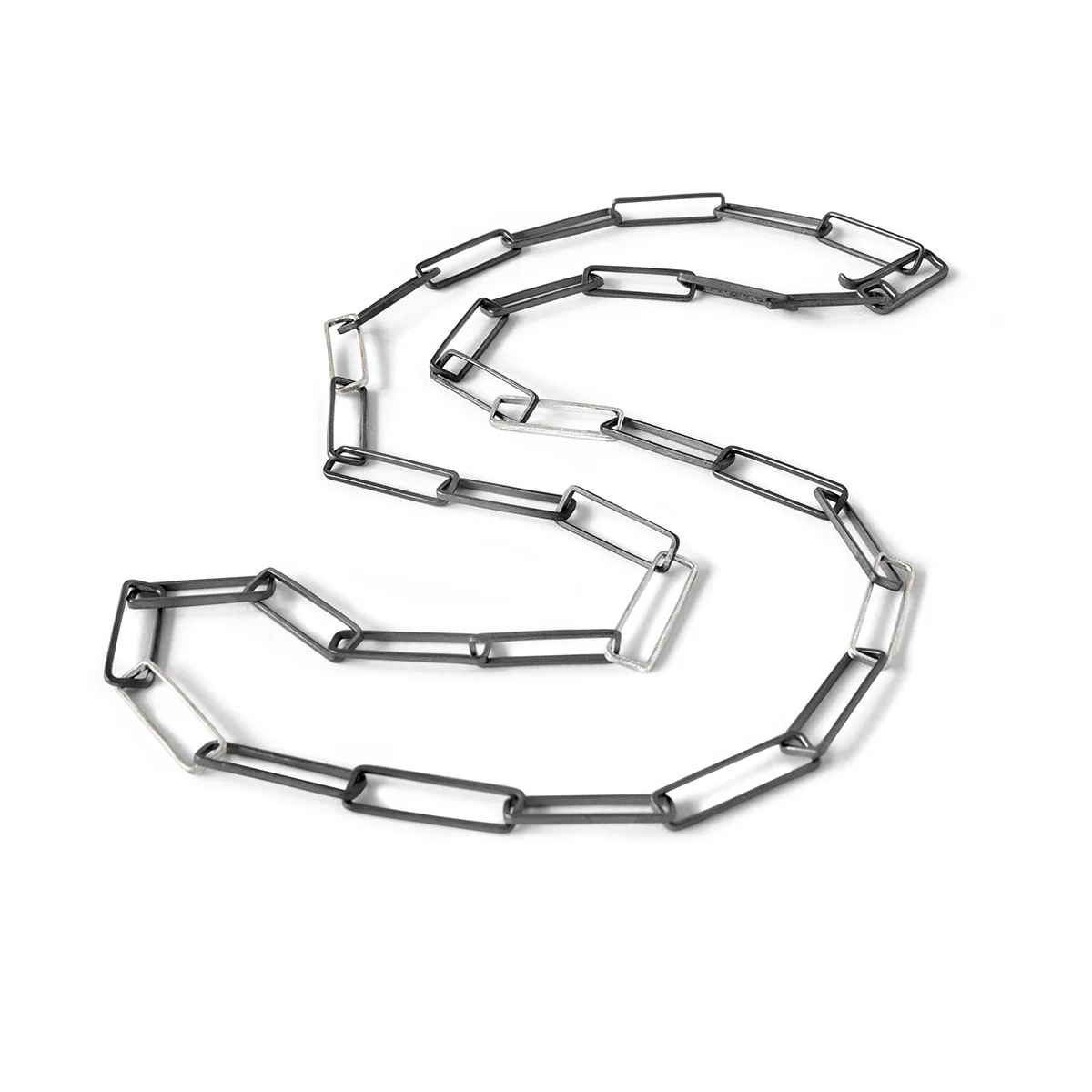 handmade sterling silver paperclip chain necklace with oxidizded dark and shiny silver links