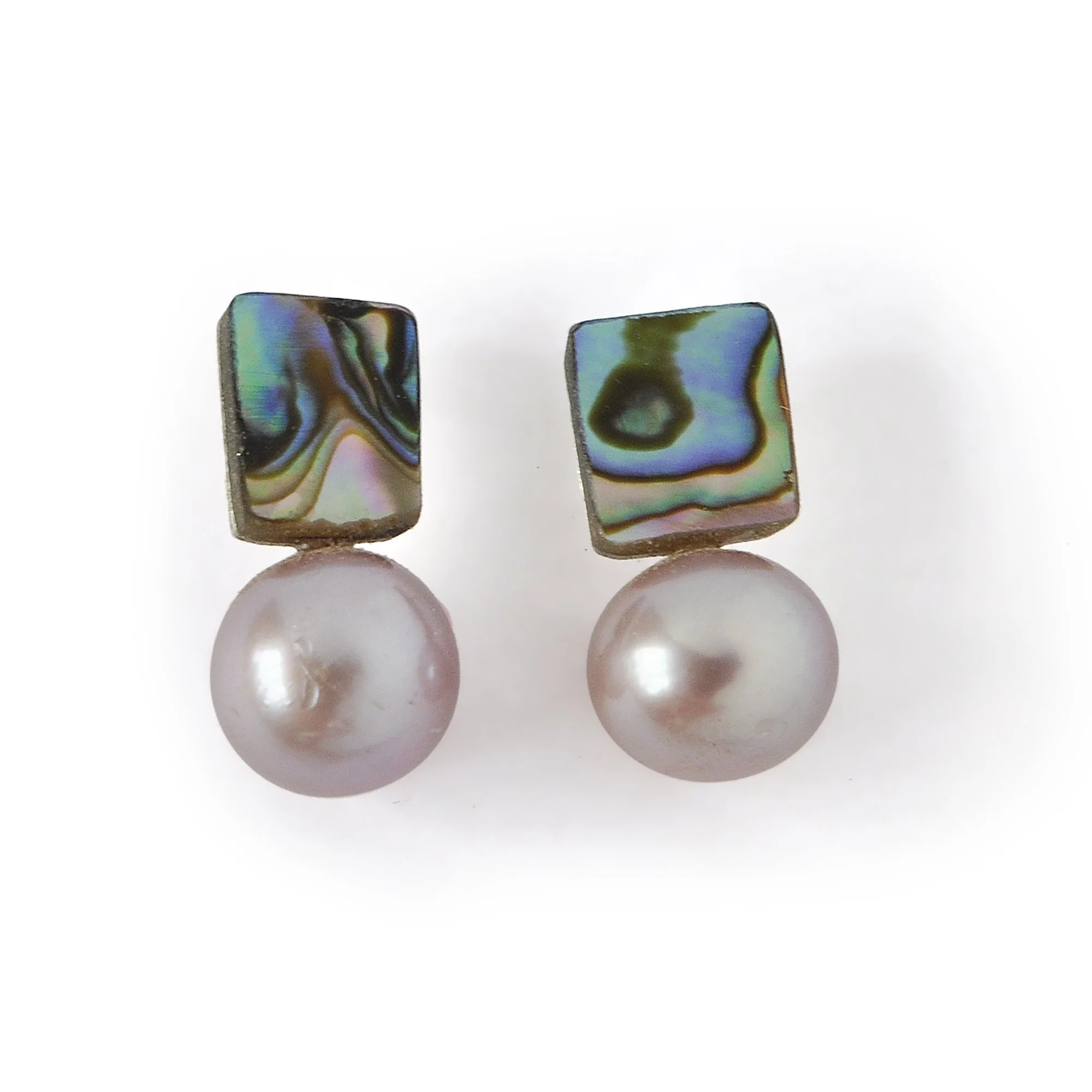 E531 Petite Pearl Stud Earrings with Mexico Green Abalone and Pink Freshwater Pearl