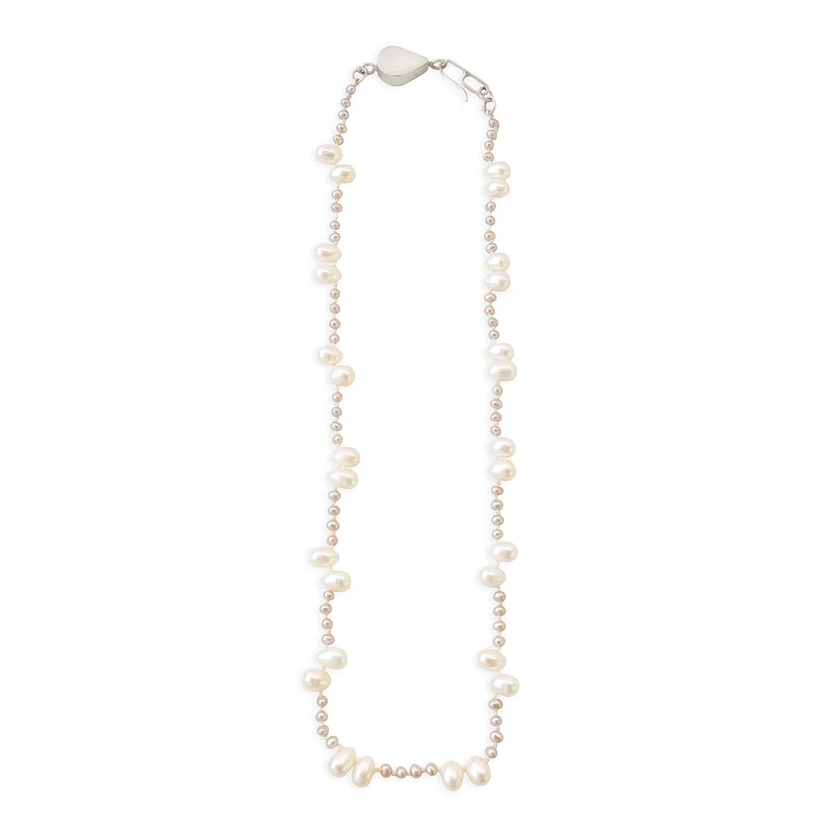 delicate white and silver alternating freswater pearl necklace with a custom sterling silver teardrop clasp