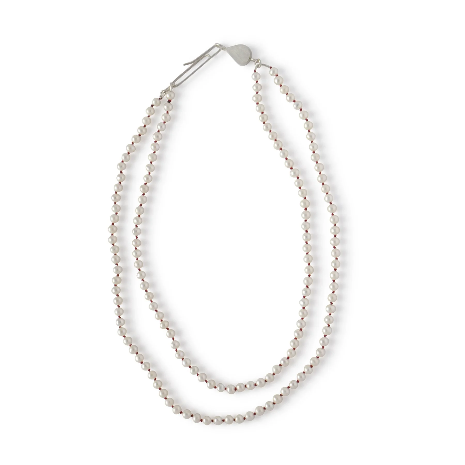 N252 Double Sweetheart Chain in White Freshwater Pearl with red silk