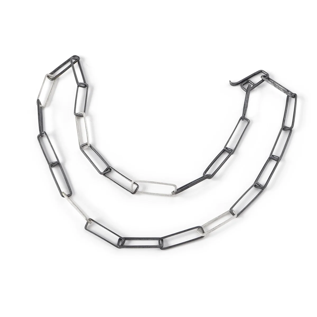 dark oxidized sterling silver paperclip chain necklace with five shiny silver links