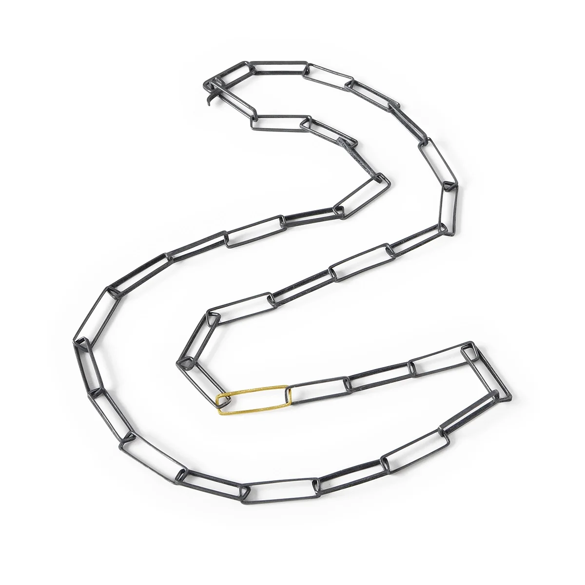 long oxdized solid sterling silver paper clip chain with one 14k yellow link