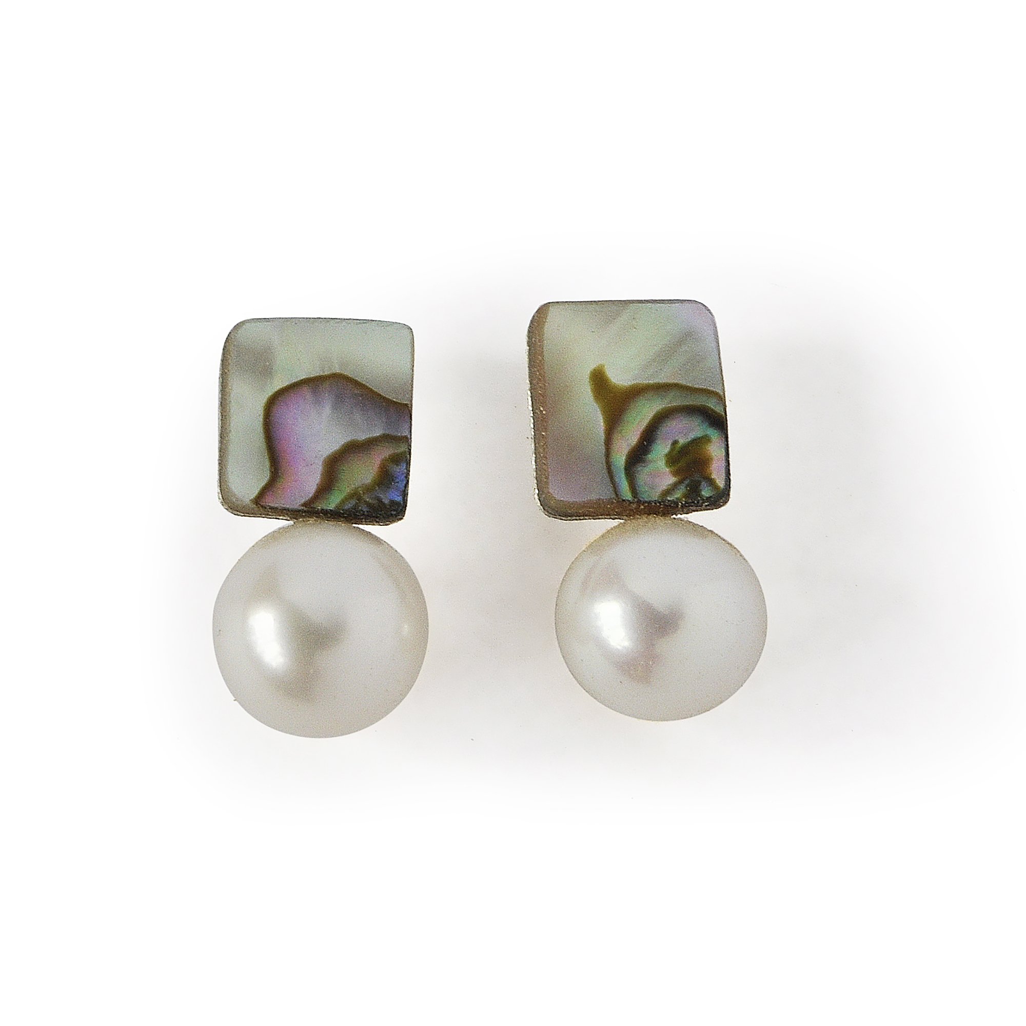 small abalone earrings with flashes of green, pink, purple and blue iridescent with a perfect round white freshwater pearl below