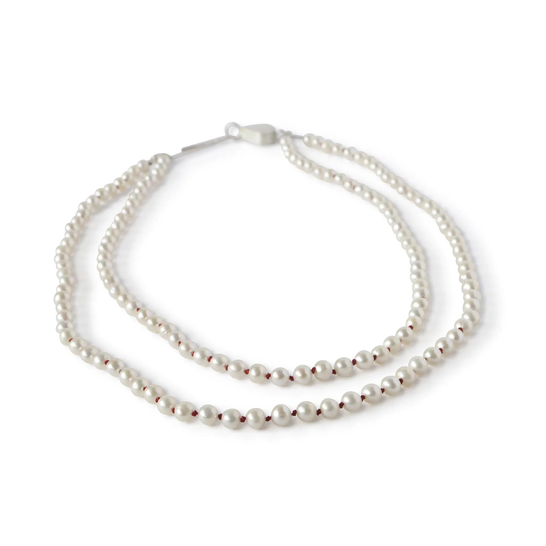 White Freshwater Pearl Necklace with two strands and knotted together with red silk thread