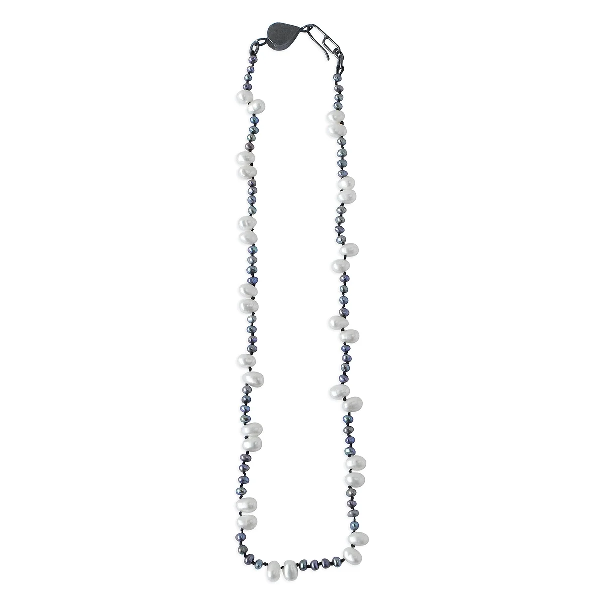 light freshwater pearl necklace with black peacock and white freshwater pearl and oxidized sterling silver teardrop clasp