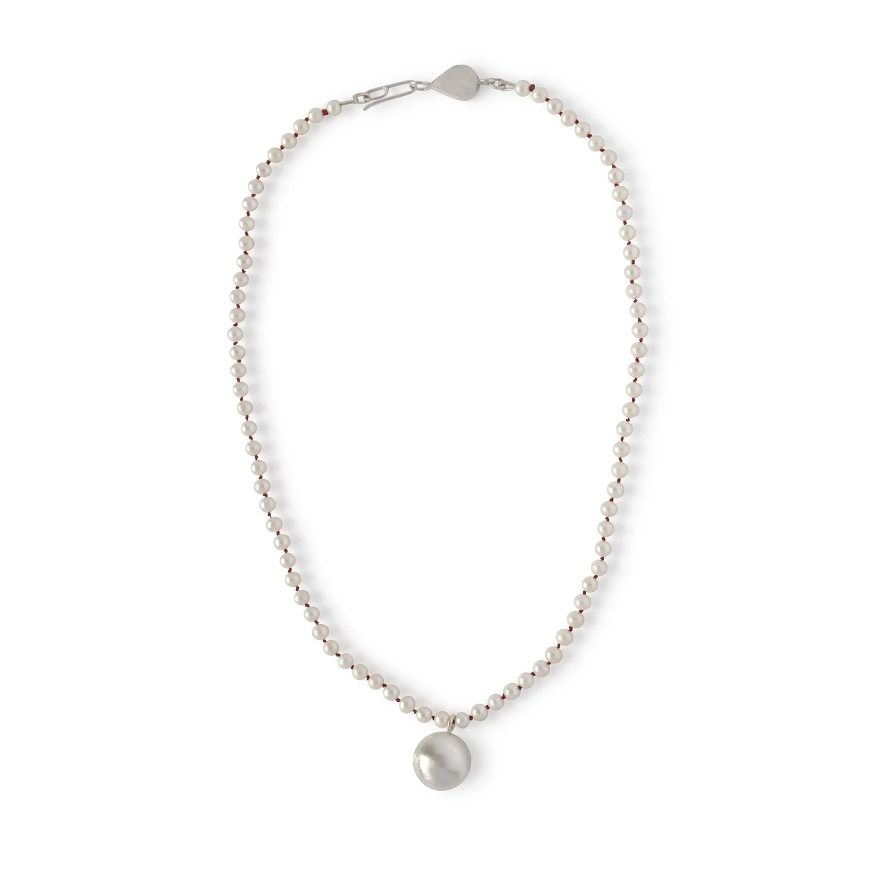 N252 Sweetheart Silver Ball Chain in White Freshwater Pearl with red silk