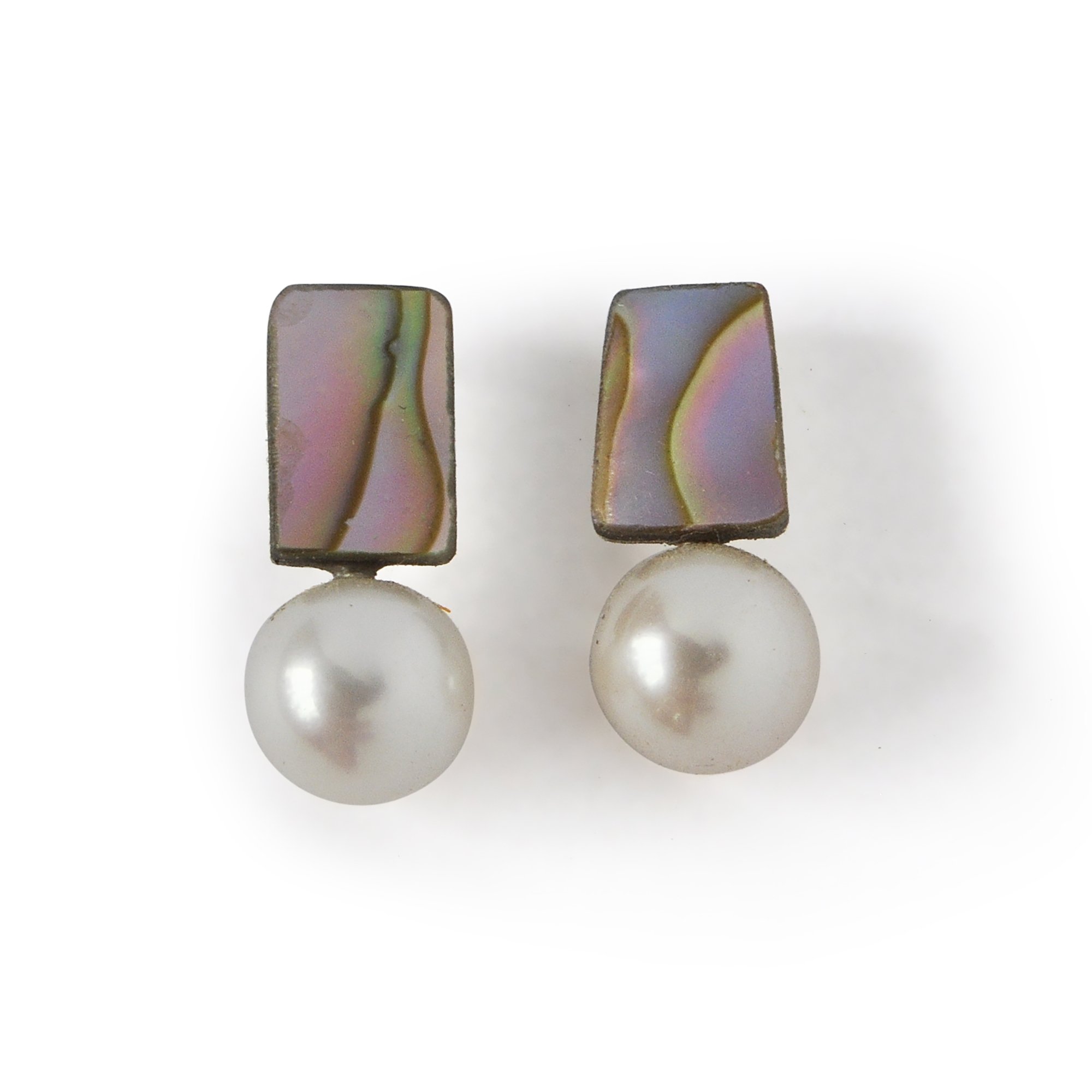 small abalone earrings with flashes of green, pink, purple and blue iridescent with a perfect round white freshwater pearl below