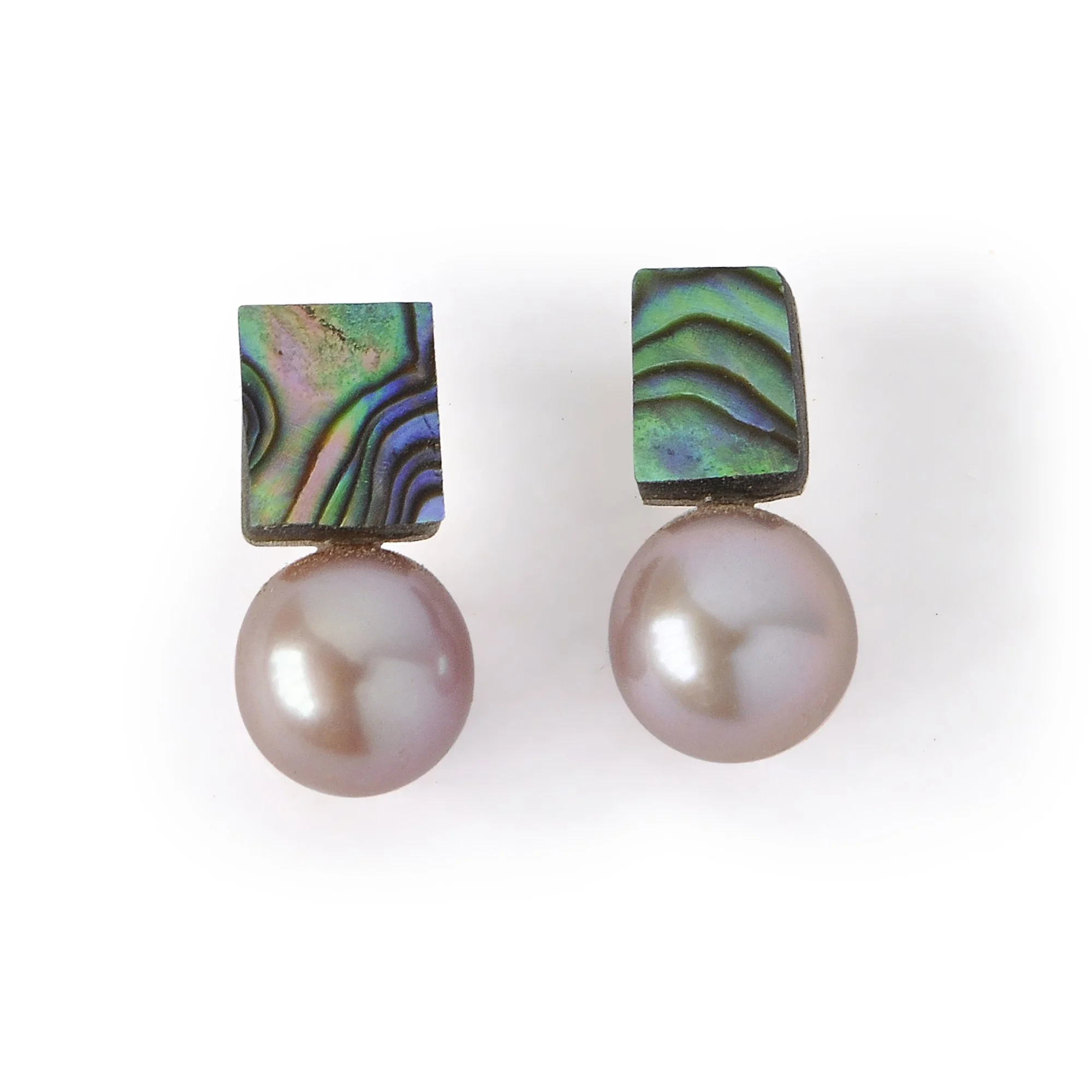 E535 Petite Pearl Stud Earrings with Green Abalone and Pink Freshwater Pearl