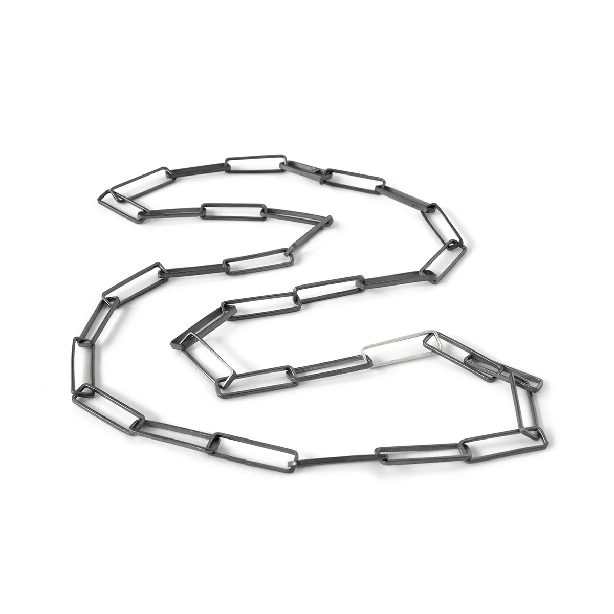 handmade chain link necklace with oxidized sterling silver and one shiny silver link