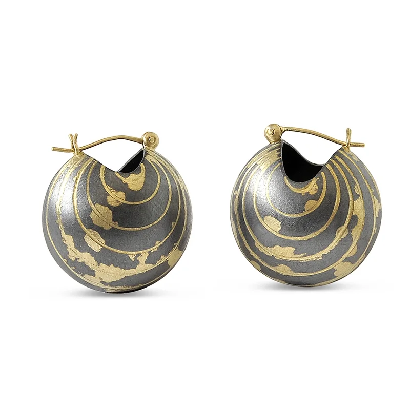 E441 Oxidized Sterling Silver Bauble Hoop Earring with 18k and 14k yellow gold