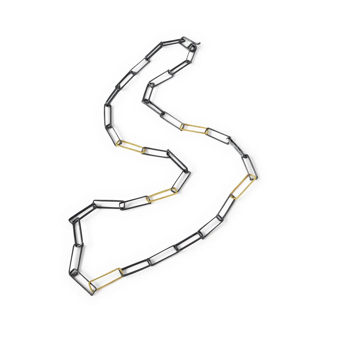 handmade mixed metal paperclip chain in oxidized sterling silver and 14k yellow gold
