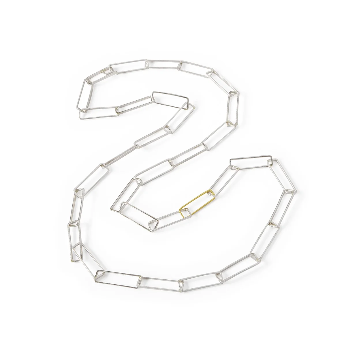handmade sterling silver paperclip link necklace with one 14k yellow gold link