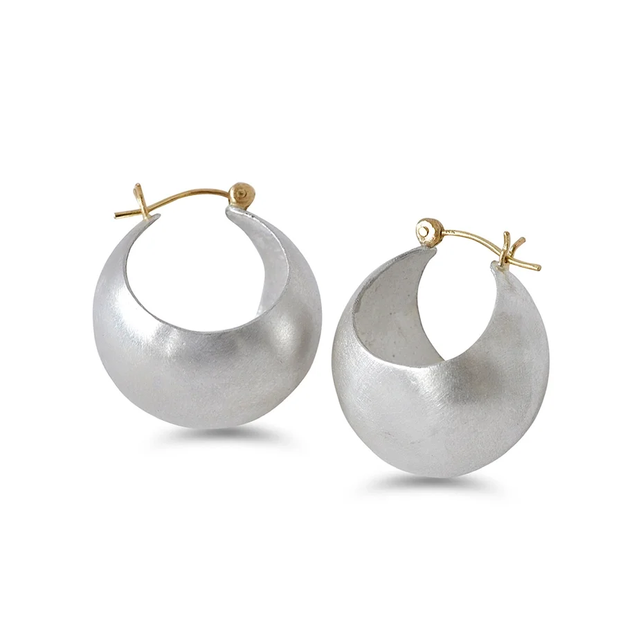 brushed shiny sterling silver bauble hoop earrings with 14k yellow gold ear wire