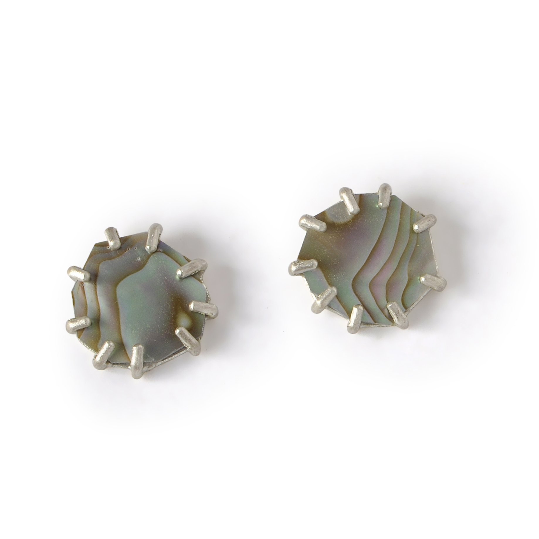 pink and green small post earrings with silver prongs