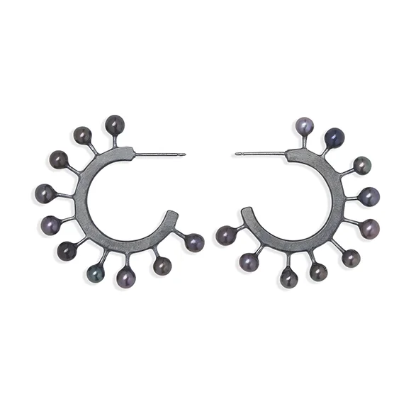 E245 Oxidized Pearl Hoop Earrings with Black Freshwater Pearl