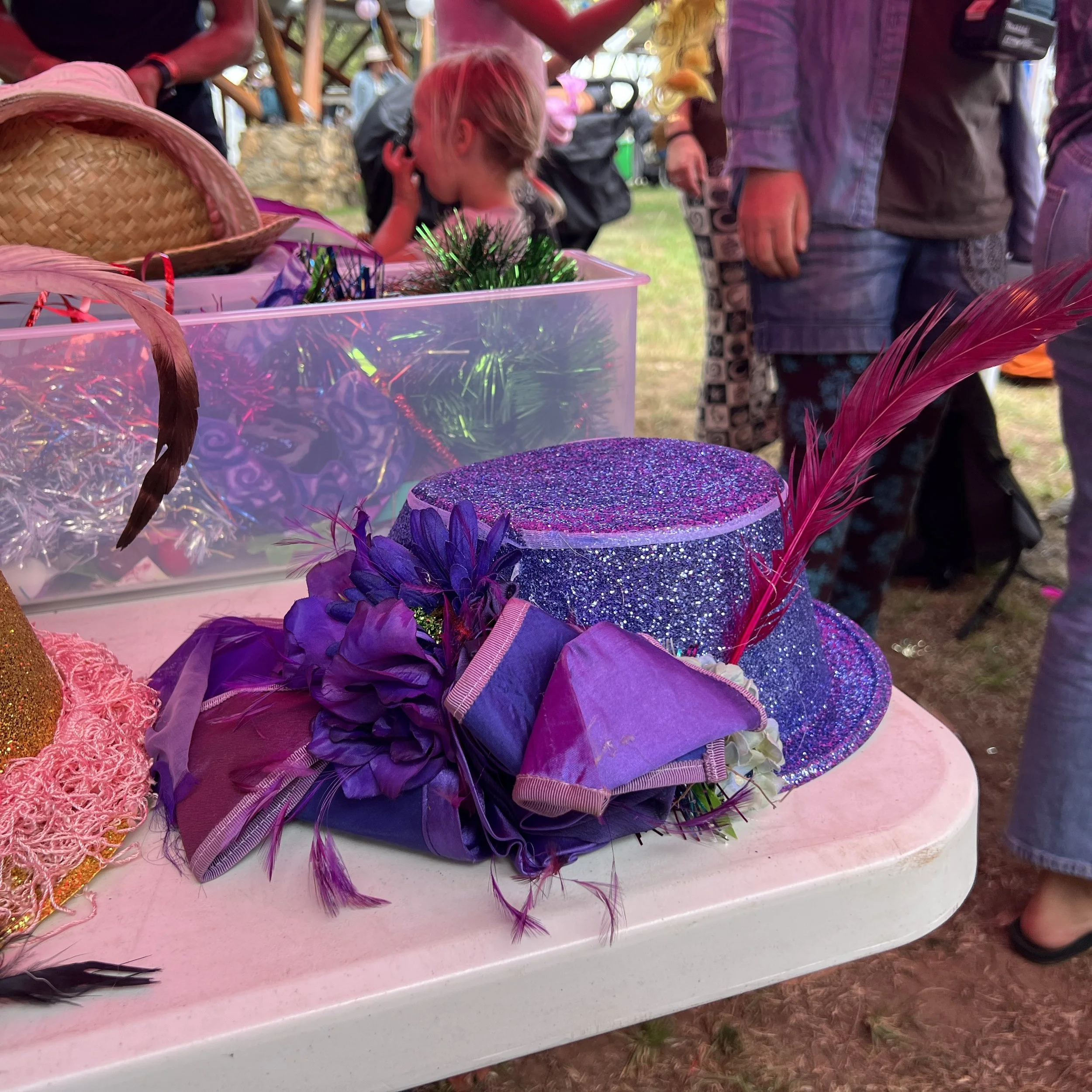 An old purple Kalgoorlie Race Round ribbon sets this plastic hat off beautifully.  
Celebration Hats Gertrude WellEase Nannup Music Festival 2026.  