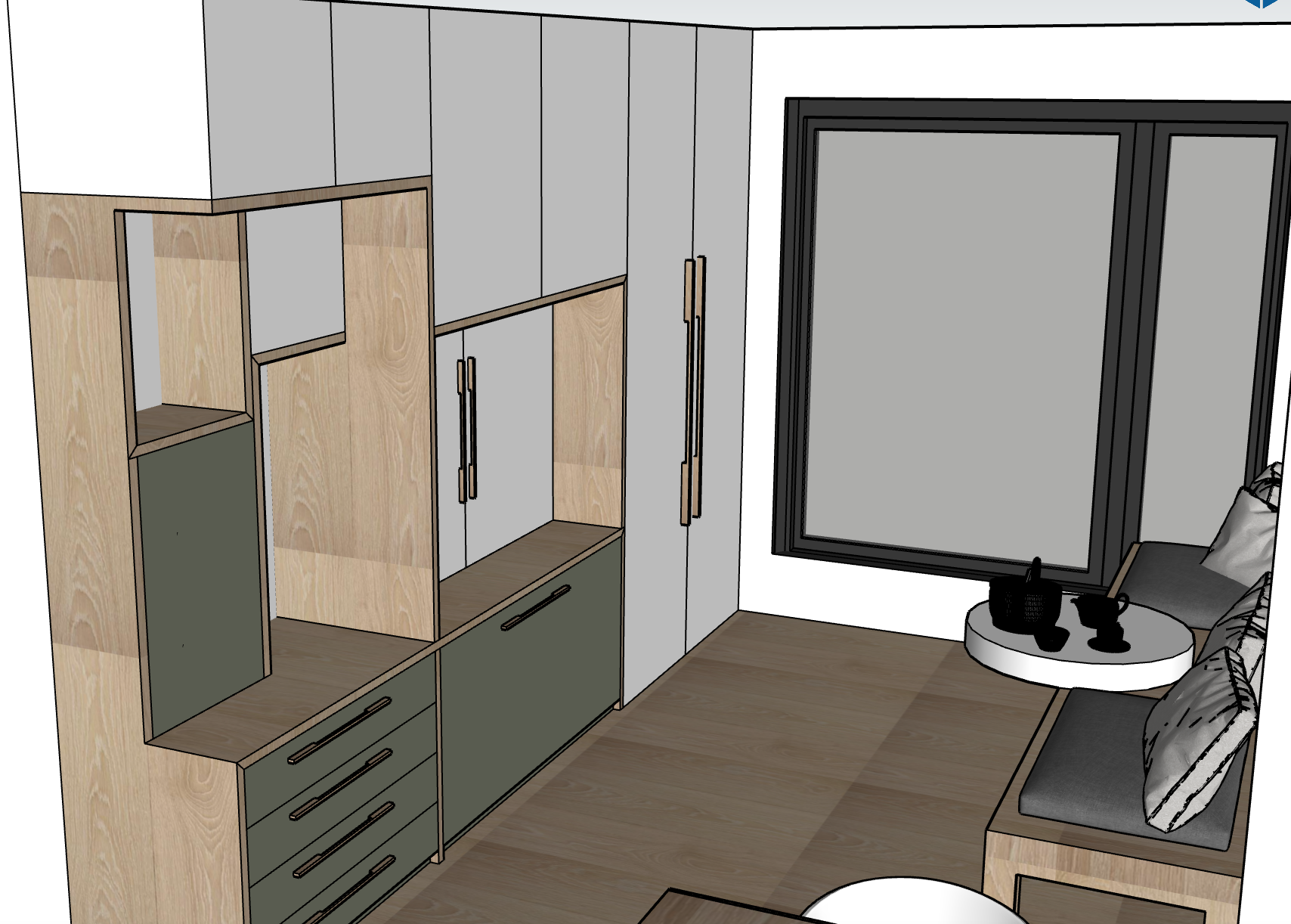 Bespoke cabinetry for jewellery making with pull out cabinet with hidden storage under desk.