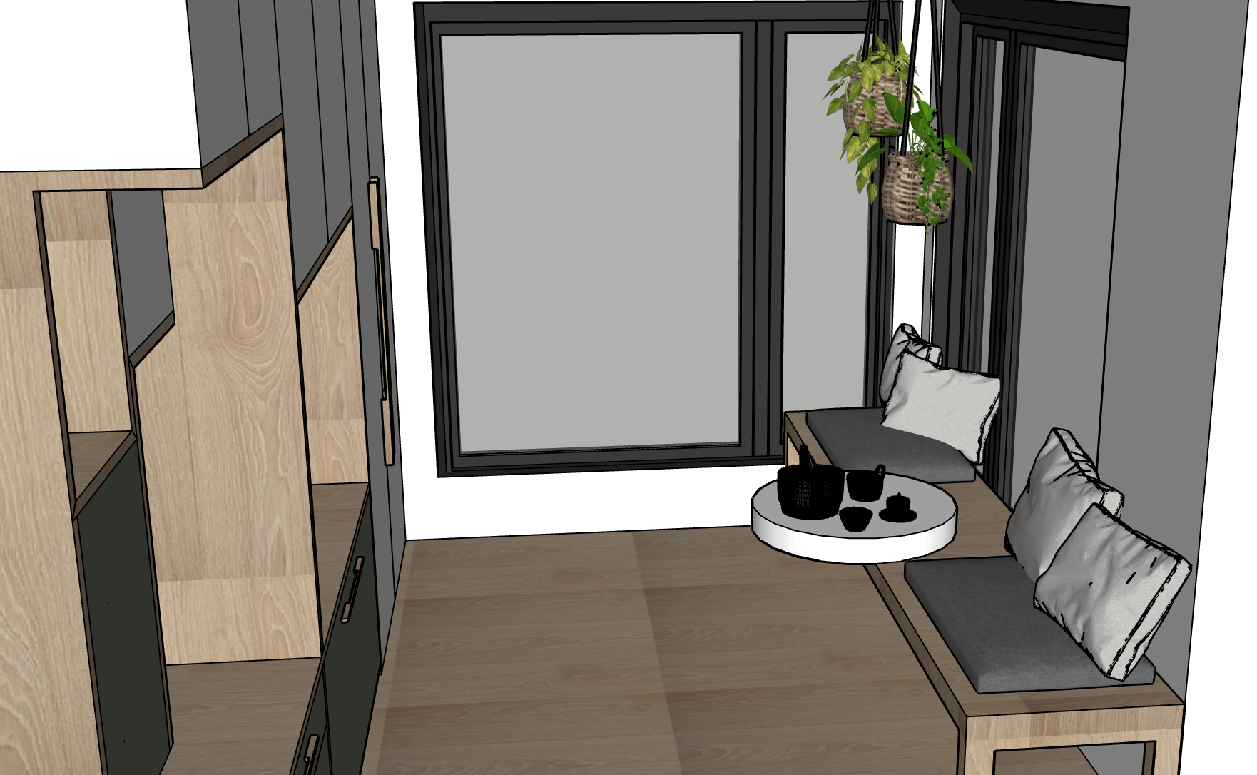 Sitting area with removable table for having tea with guests.