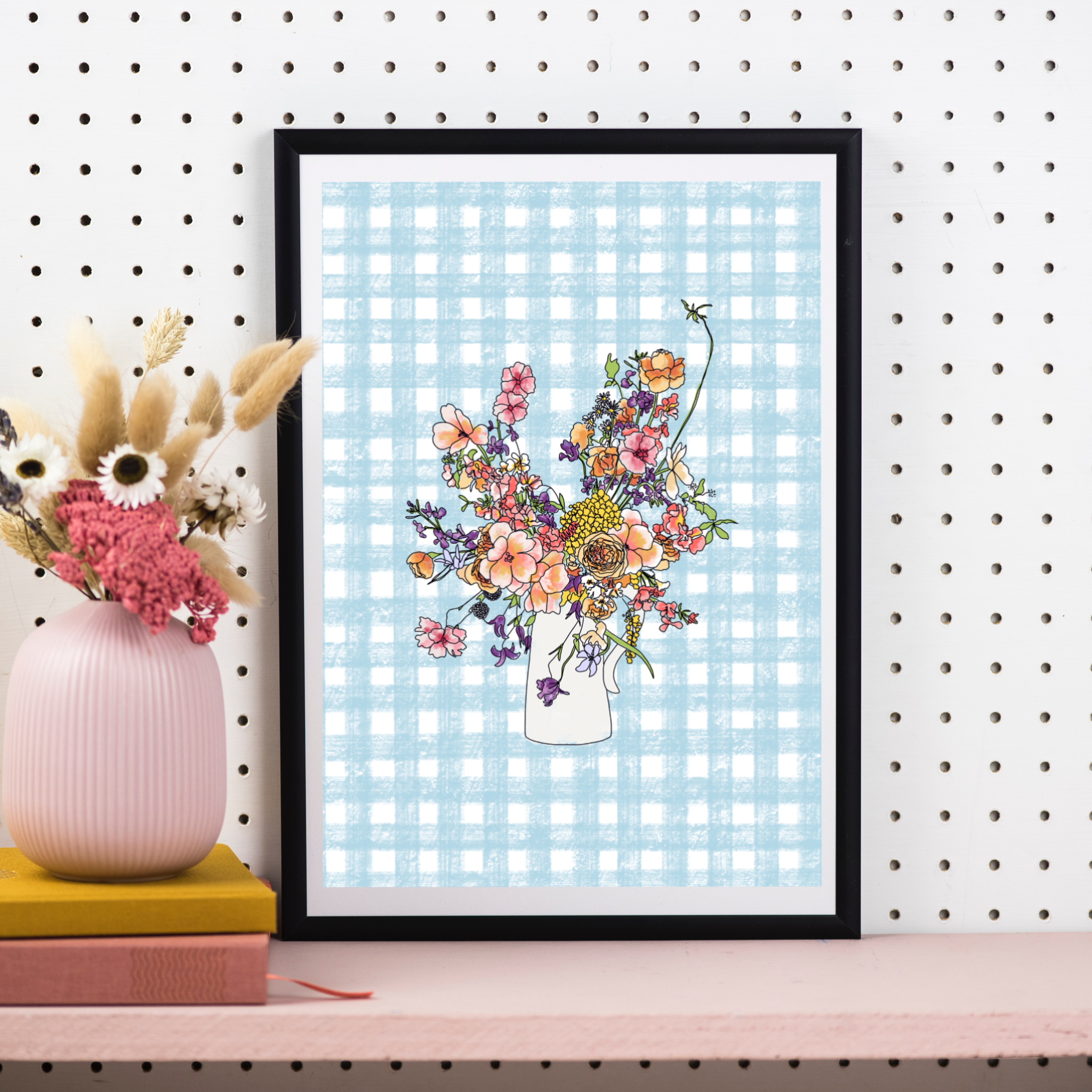 Floral Print With Blue Gingham Pattern
