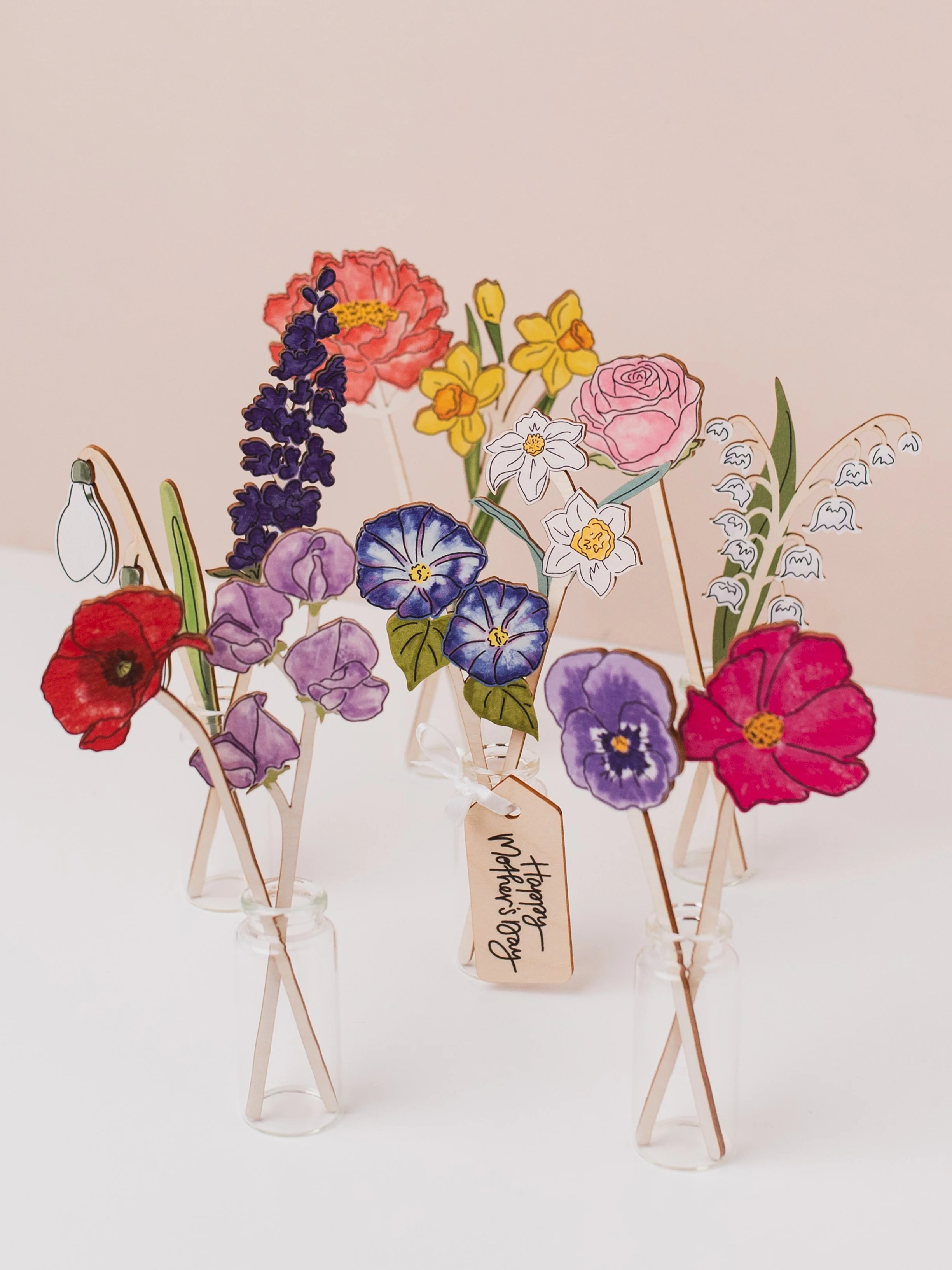 Wooden Birth Flowers For Mother's Day In Vases With Personalised Wooden Tag