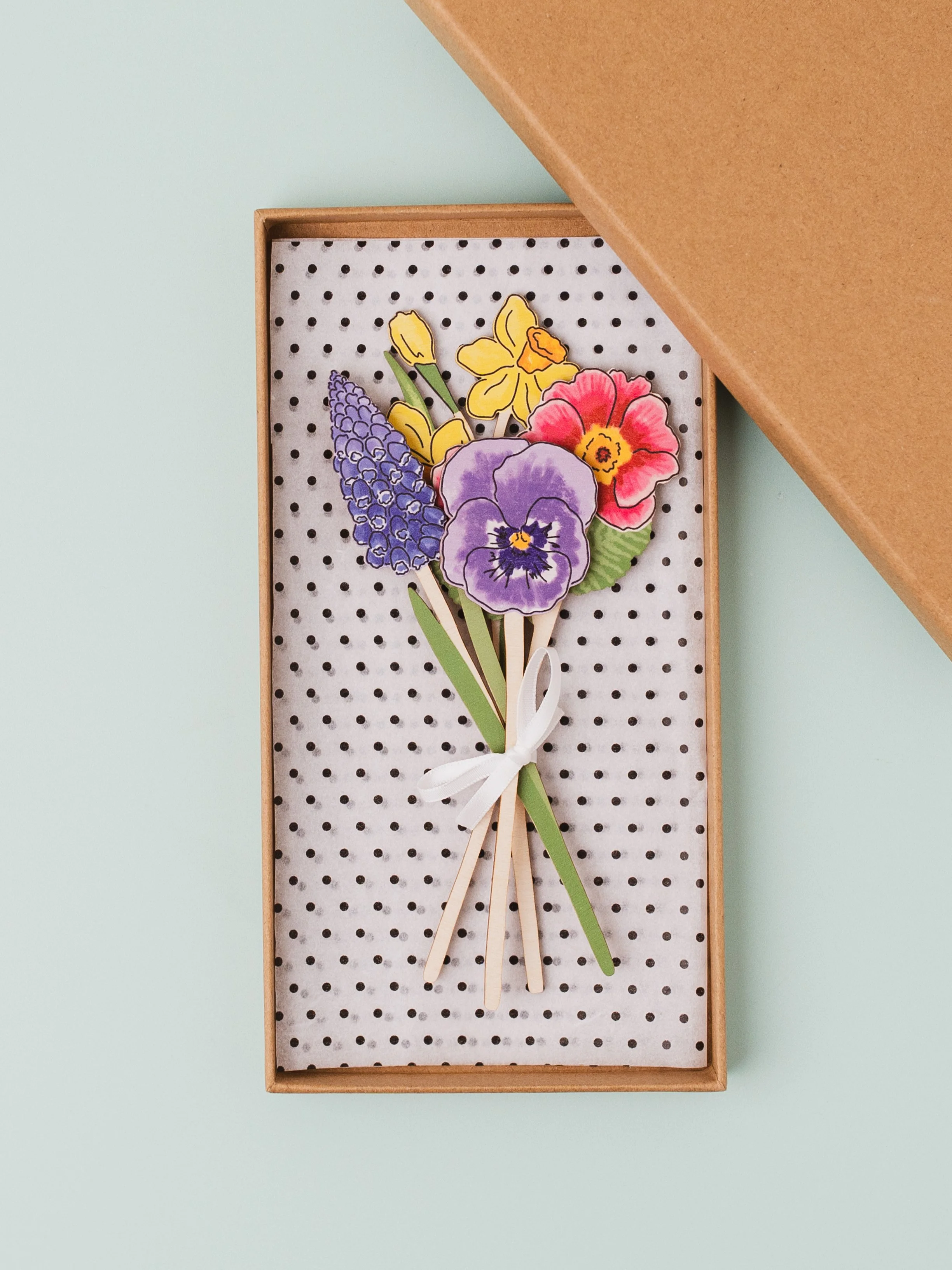 Spring bouquet of wooden flowers in gift box