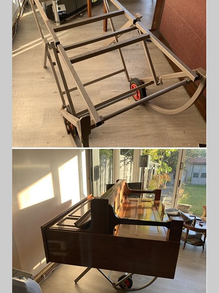 Top: Bench truck used to tilt a piano onto its back. Bottom: A piano resting on the bench truck on its back.